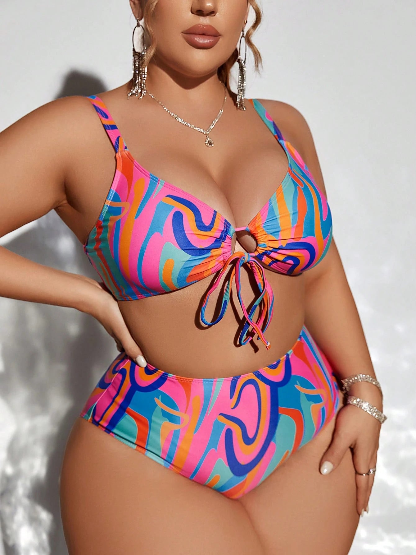 Swim Lushoire Summer Beach plus Size Women'S Drawstring Pattern Printed Swimwear Set