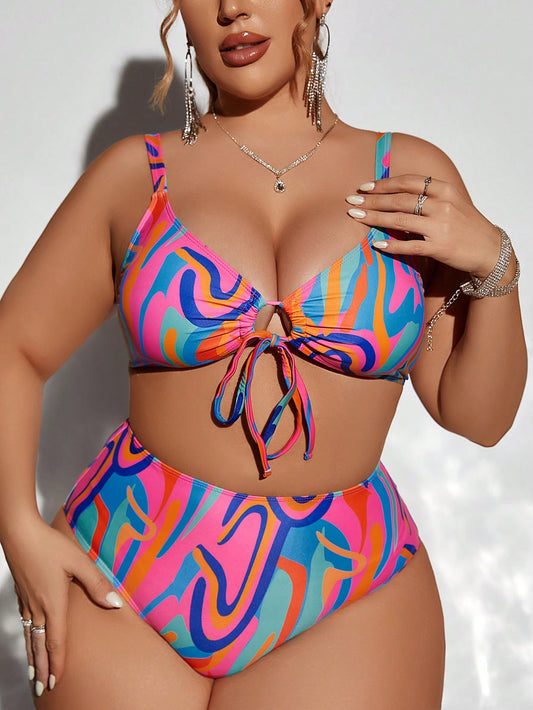 Swim Lushoire Summer Beach plus Size Women'S Drawstring Pattern Printed Swimwear Set